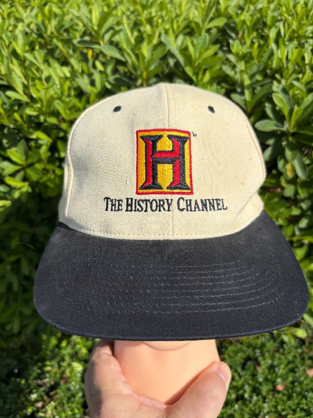 Vintage 90s The History Channel Hat KC Caps Snapback Beige Black Logo Cap